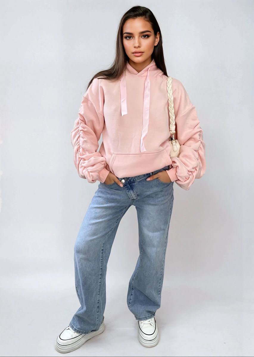 Women’s oversized hoodie with ruched sleeves and front pouch pocket by Raspberry Coconut, casual and comfortable women&