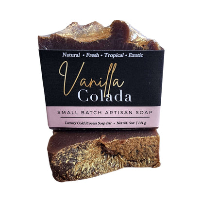 Yellow Shadow Vanilla Colada Bath &amp; Beauty soap bar with creamy vanilla and tropical coconut scent, wrapped in white packaging.