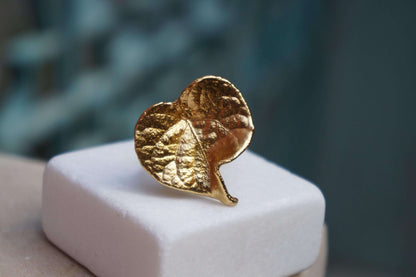 Adjustable 14k gold-plated brass Forest Leaf ring featuring detailed leaf design, perfect for nature-inspired jewelry lovers.