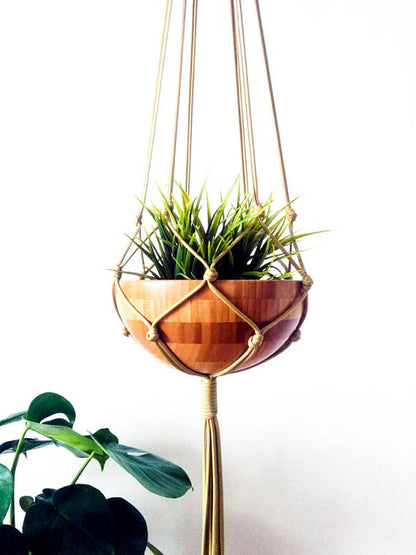Silver Simba macrame plant hanger with hanging planter, featuring intricate knotted design for home and garden decor.