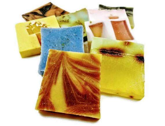 Yellow Shadow vegan soap sampler with multiple natural bodycare soap samples in colorful packaging.