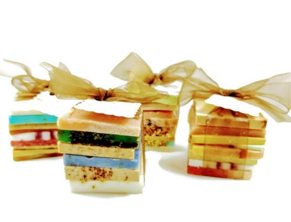Set of Yellow Shadow vegan soap samples with various natural bodycare scents and textures in a sampler collection.