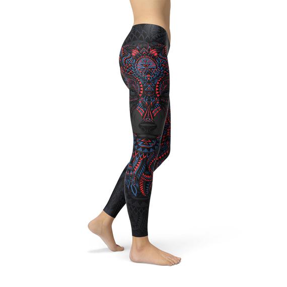 Women’s black wolf print leggings by Maroon Sooty featuring an oriental design and comfortable fit.