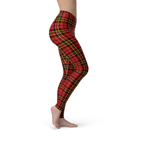 Womens red plaid tartan leggings by Maroon Sooty, featuring a classic tartan pattern and comfortable fit.