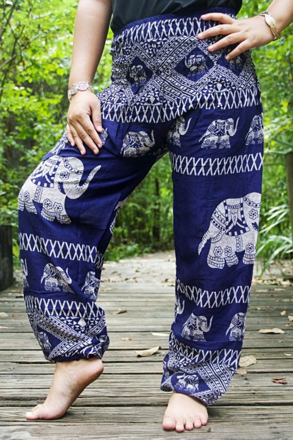 Blue boho elephant print pants for women, Tan Smokey brand, featuring relaxed fit hippie yoga pants with elephant design.