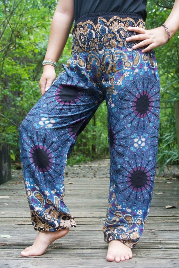 Blue Mandala boho yoga pants for women by Tan Smokey, featuring a vibrant, artistic mandala pattern and relaxed fit.