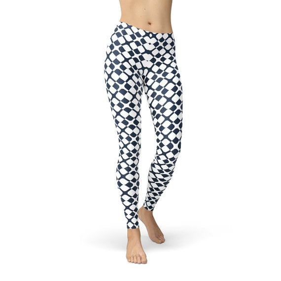 Women’s geometric blue tile leggings by Maroon Sooty featuring a vibrant, intricate pattern and comfortable fit.