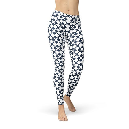 Women’s geometric blue tile leggings by Maroon Sooty featuring a vibrant, intricate pattern and comfortable fit.