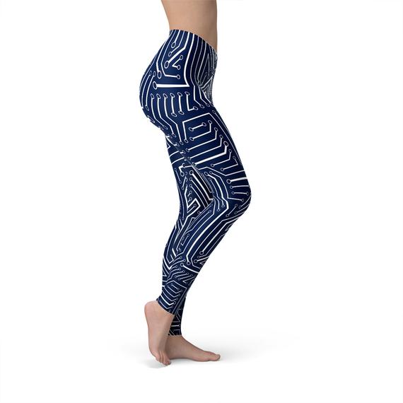 Womens navy blue circuit leggings by Maroon Sooty, featuring a stylish geometric pattern and snug fit for active wear.