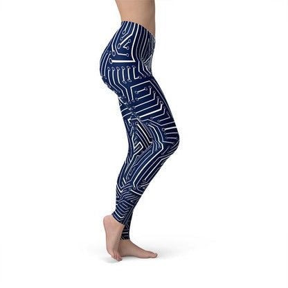 Womens navy blue circuit leggings by Maroon Sooty, featuring a stylish geometric pattern and snug fit for active wear.