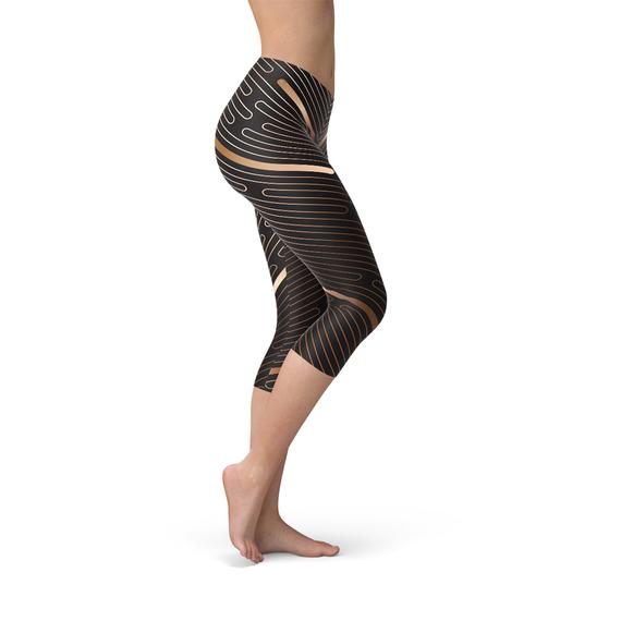 Women’s striped brown Capri leggings by Start2Finish featuring a fitted design with horizontal stripe pattern.