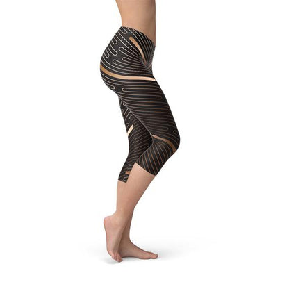 Women’s striped brown Capri leggings by Start2Finish featuring a fitted design with horizontal stripe pattern.