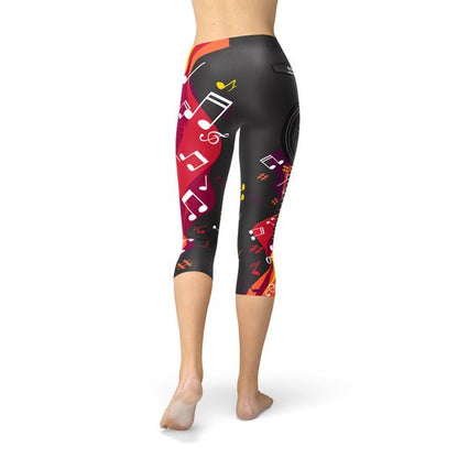 Maroon Sooty guitar and music note print Capri leggings featuring musical instrument and note designs on soft fabric.