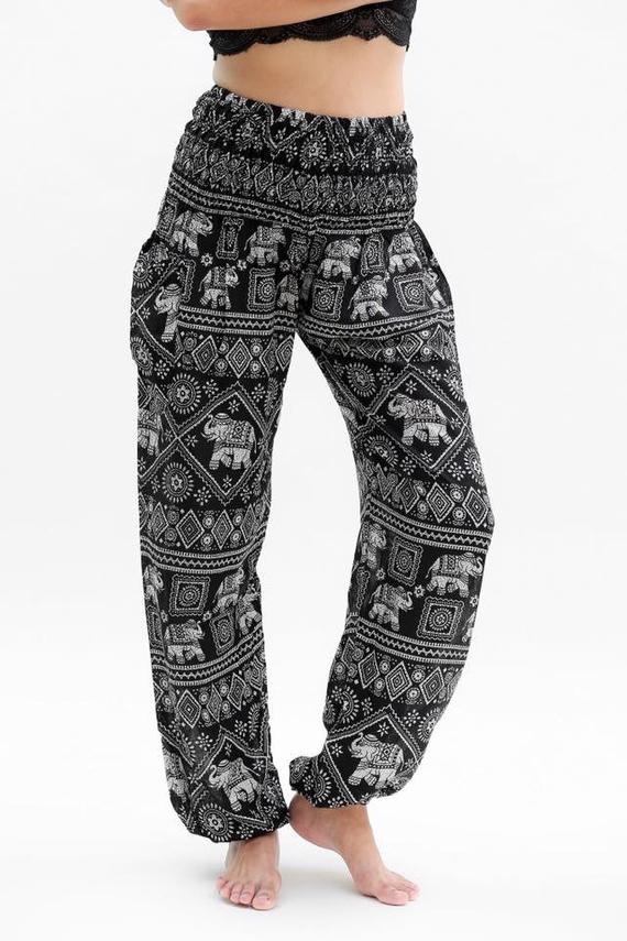Black Elephant print boho pants for women, featuring hippie and yoga styles from Tan Smokey, shown with a relaxed fit.