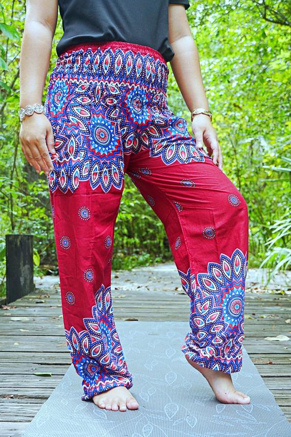 Burgundy floral mandala boho pants for women by Tan Smokey, featuring a relaxed fit with vibrant floral and mandala patterns.