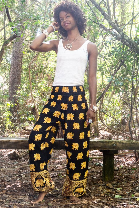 Black Elephant boho pants for women by Tan Smokey, featuring a relaxed fit and hippie style, perfect for yoga and casual wear.