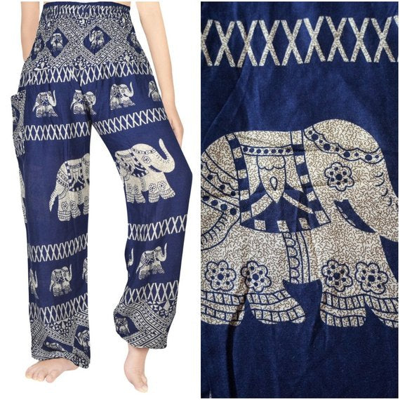Blue Elephant print boho pants for women by Tan Smokey featuring a relaxed fit, hippie-style yoga pants with vibrant elephant design.