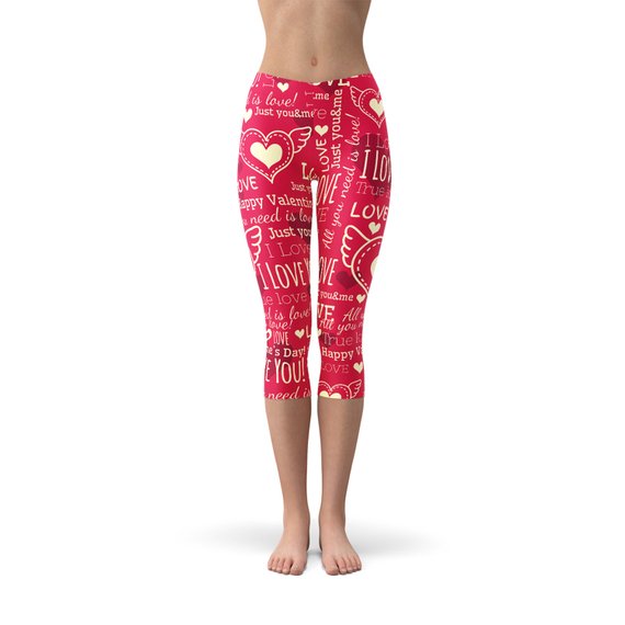 Maroon Sooty Love Hearts Red Capri Leggings with heart pattern, fitted style, and comfortable stretch fabric.