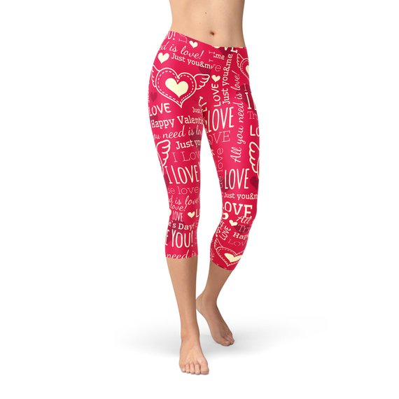 Red Love Hearts Capri Leggings by Maroon Sooty featuring colorful heart patterns and a comfortable stretchy fabric.
