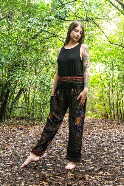 Black PEACOCK harem pants for women by Tan Smokey, featuring boho and hippie style with comfortable, flowing fabric.