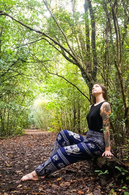 Blue Elephant patterned boho pants for women, featuring a relaxed fit, hippie style, perfect for yoga and casual wear by Tan Smokey.