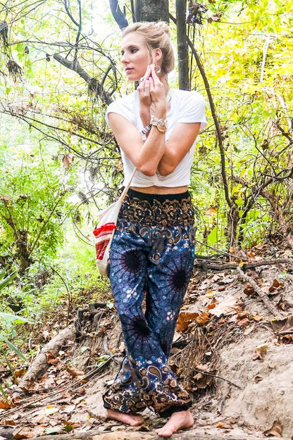 Blue Mandala boho pants for women by Tan Smokey, featuring a relaxed fit and colorful mandala design, ideal for yoga and casual wear.