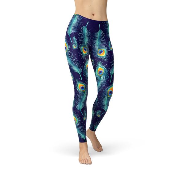 Blue peacock feathers patterned leggings by Maroon Sooty, featuring vibrant feather print and comfortable stretch fit.