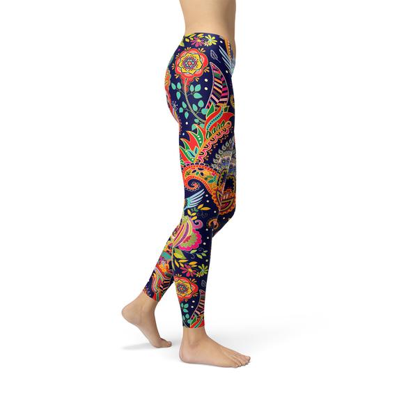 Women’s ornamental blue paisley leggings by Maroon Sooty, featuring intricate paisley patterns and a comfortable fit.