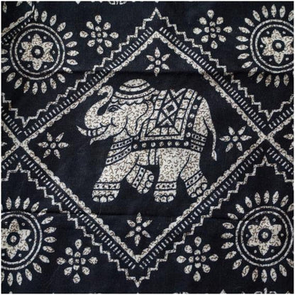 Black boho elephant print pants for women, comfortable hippie yoga pants by Tan Smokey, featuring relaxed fit and unique design.