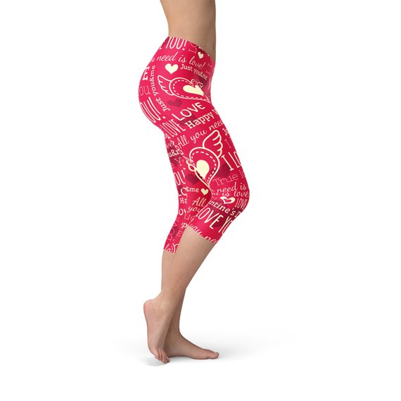 Maroon Sooty Love Hearts red Capri leggings with playful heart pattern, stretchy fabric, and comfortable fit, shown on a model.