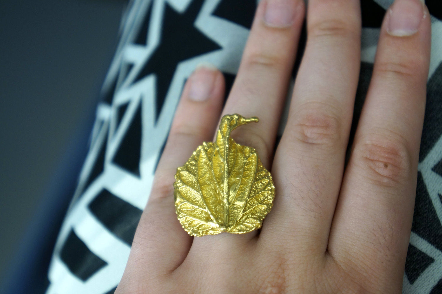 Handmade gold-plated sterling silver leaf ring from Beige Briseis, featuring intricate nature-inspired design.