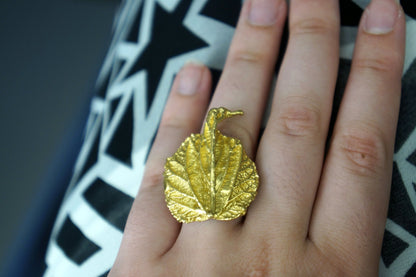 Handmade gold-plated sterling silver leaf ring from Beige Briseis, featuring intricate nature-inspired design.
