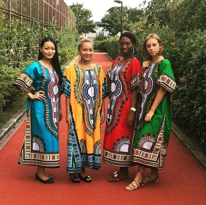 White Baobab African Dashiki dress T-shirt featuring vibrant traditional African print and long kaftan style.