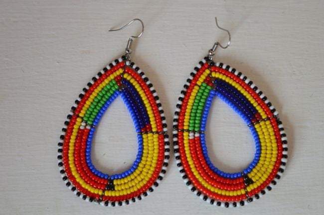Handcrafted African Masai Beads Drop Earrings by White Baobab featuring colorful beadwork and traditional design.