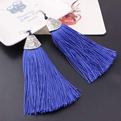 Black tassel earrings with dangle thread design by White Baobab featuring African-inspired drop earrings.
