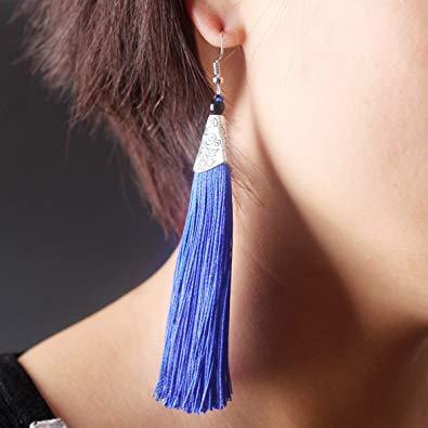 Black tassel earrings by White Baobab featuring drop and dangle thread African-inspired design.