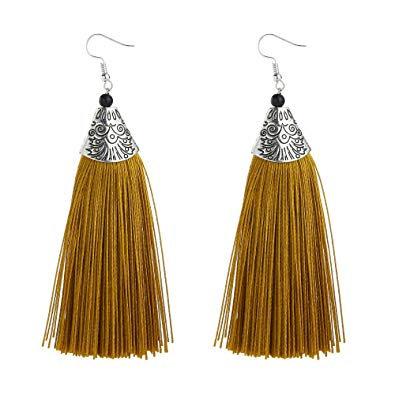 Tropical tassel African drop earrings with colorful thread, featuring vibrant tassels and intricate designs by White Baobab.