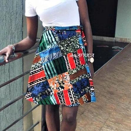 Vintage Batik Wrap Mini Kitenge Skirt by White Baobab featuring vibrant African round kitenge fabric and wrap design.