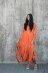 Orange hand-dyed tie-dye maxi kaftan dress with pockets, loose fit, by Erin Pontus, featuring vibrant, flowing fabric and casual style.