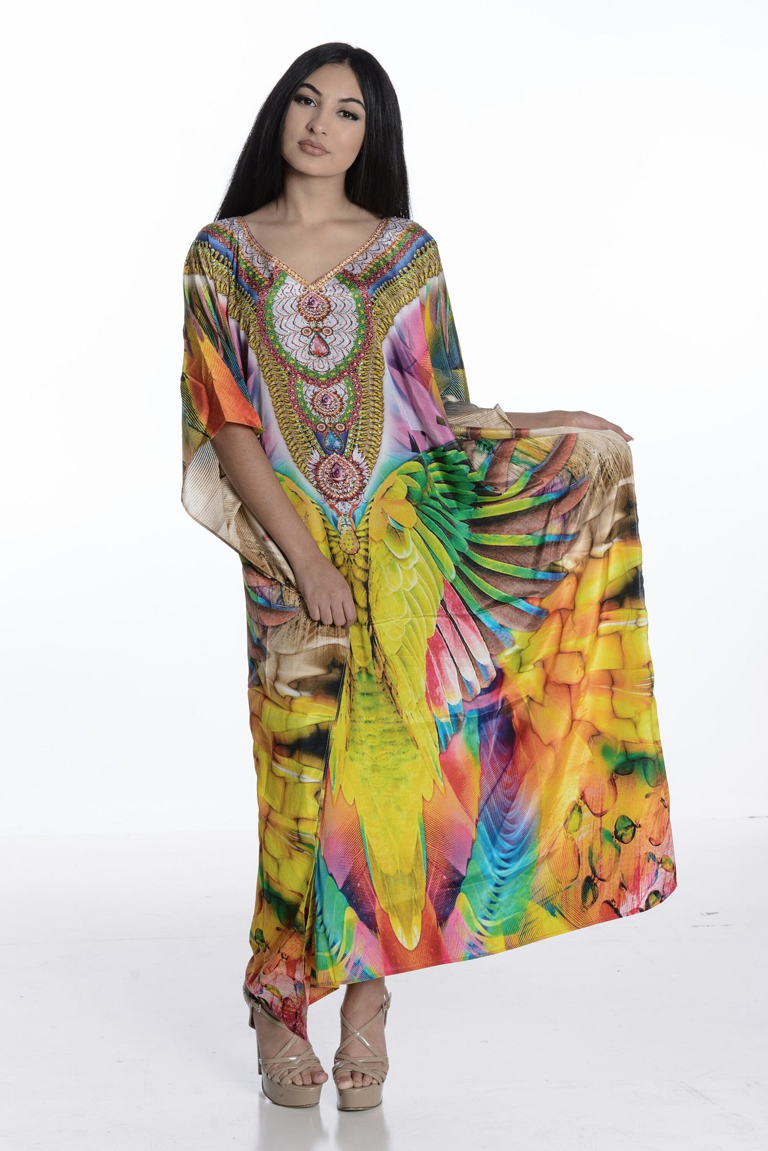 Plus size Mexican maxi kaftan dress by Erin Pontus, flowing fabric, vibrant patterns, and relaxed fit for women.