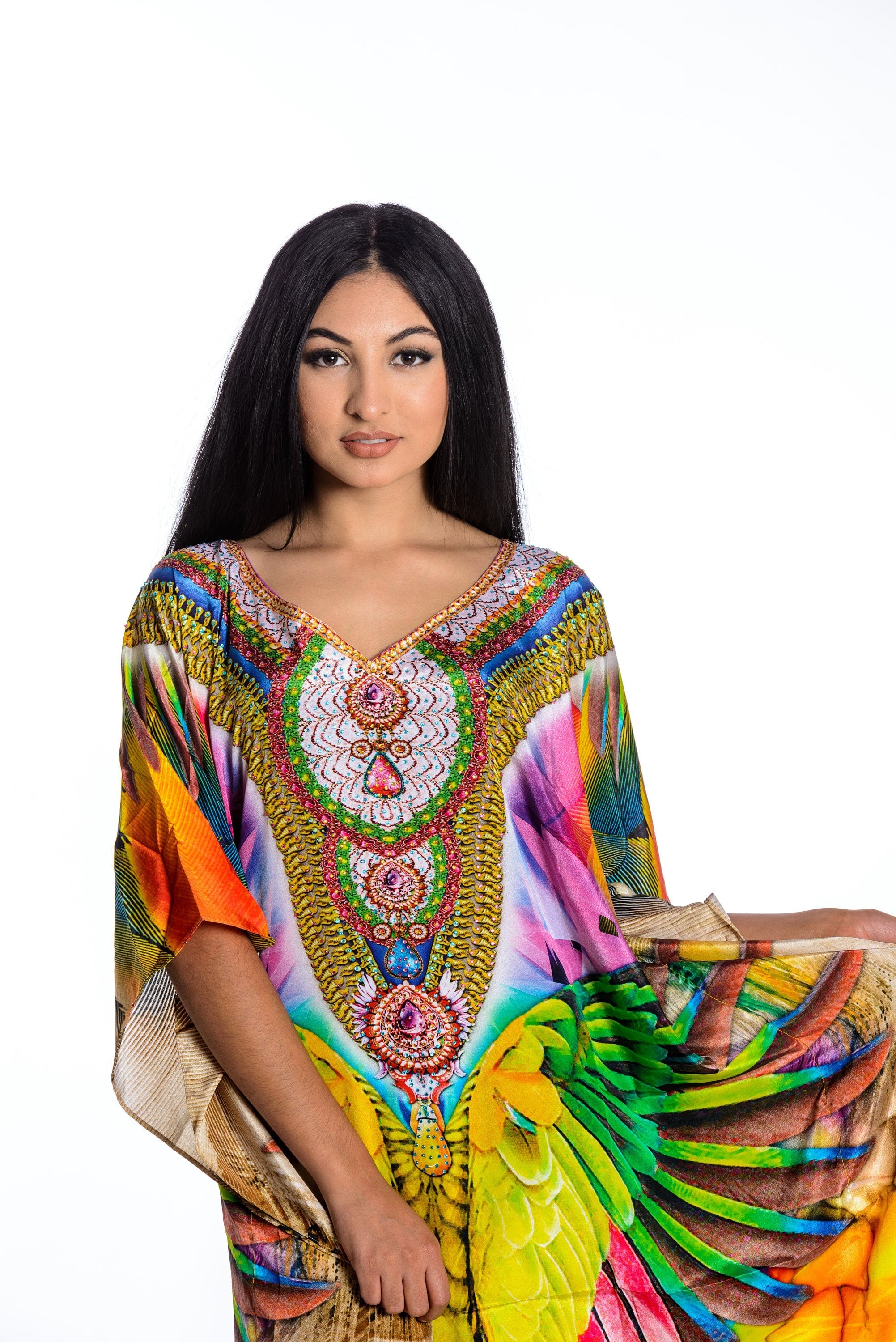 Plus size Mexican maxi kaftan dress by Erin Pontus featuring flowing fabric and vibrant patterns for women.