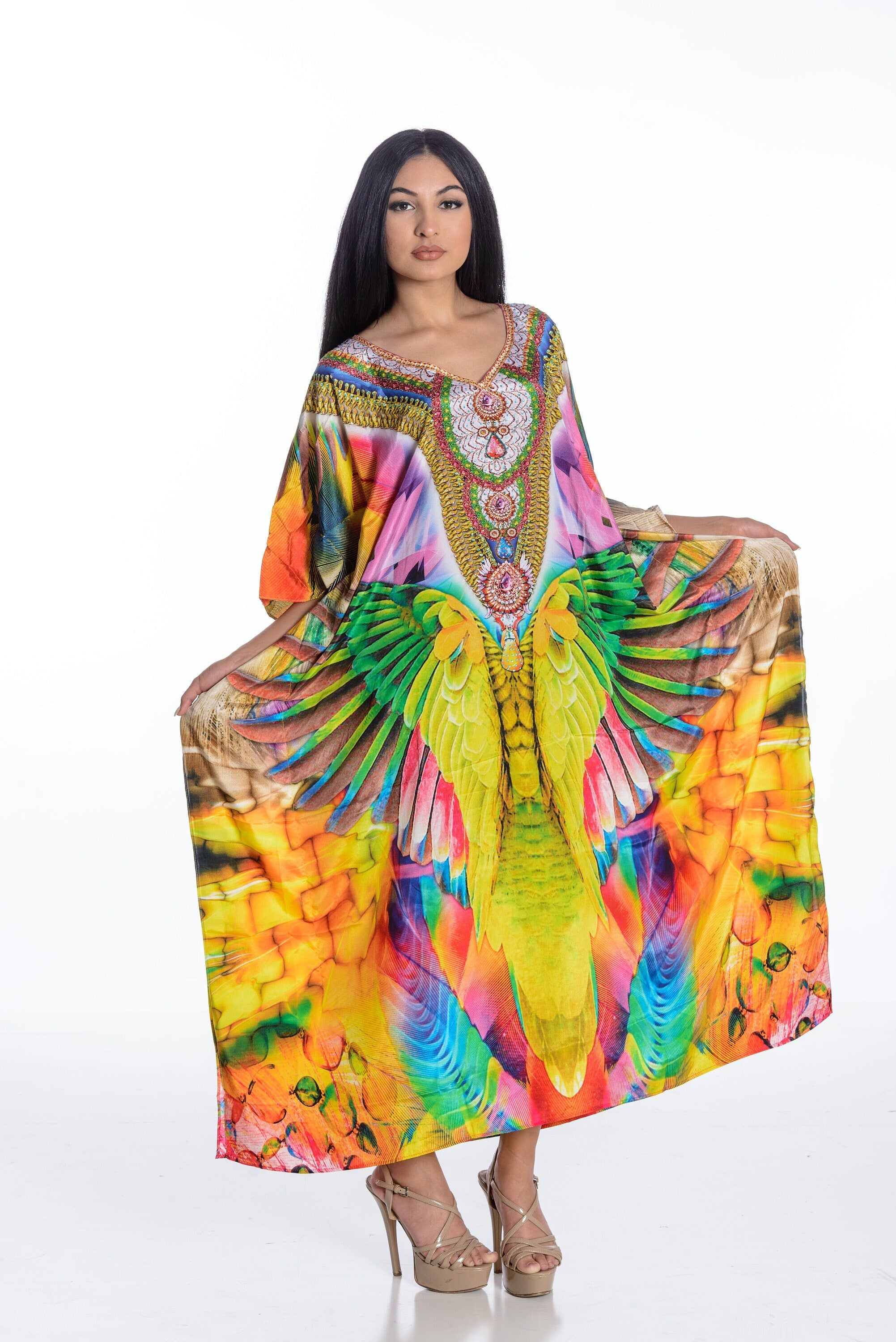 Plus size Mexican maxi kaftan dress by Erin Pontus featuring vibrant, flowing fabric and intricate patterns for women.