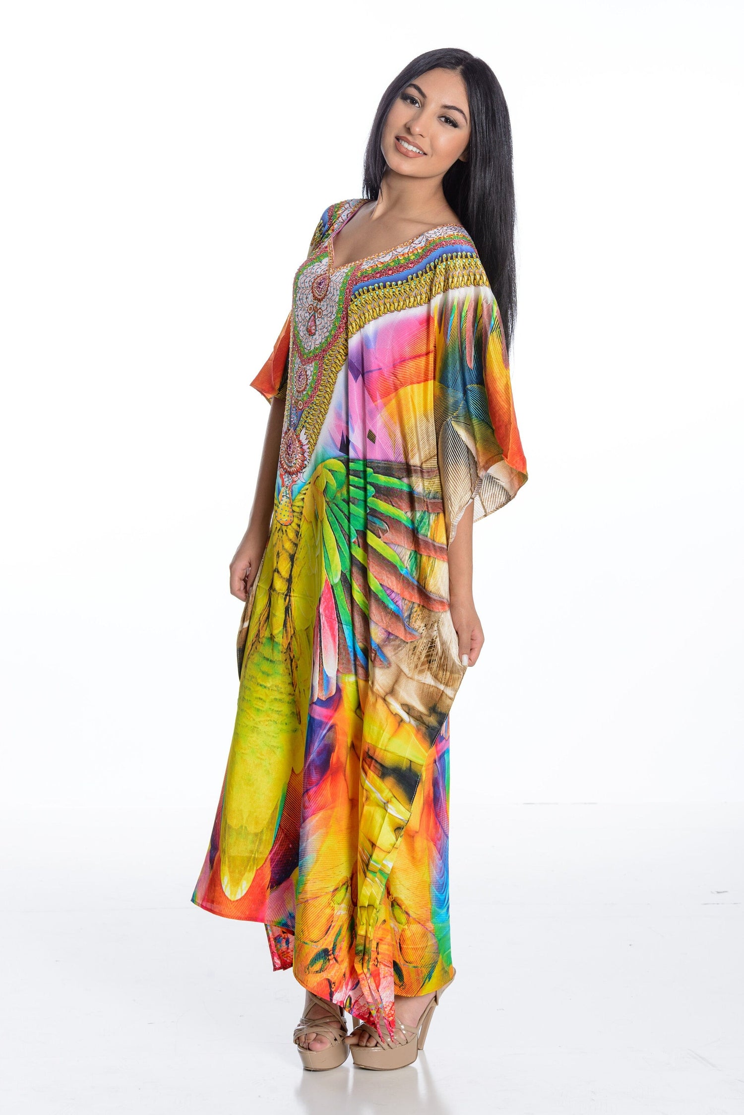 Plus size Mexican maxi kaftan dress by Erin Pontus, flowing fabric, vibrant patterns, and relaxed fit for women.