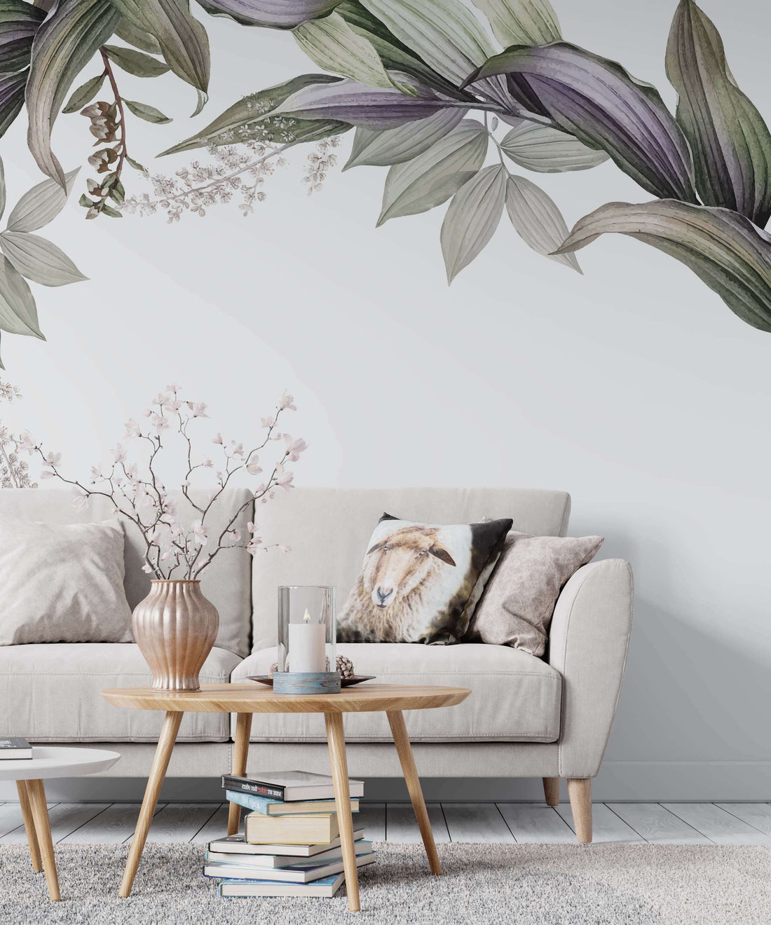 Green Tulsi banana leaf botanical wallpaper mural for home decor, featuring vibrant tropical leaf design for wall accents.