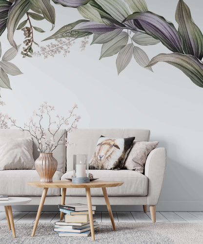 Green Tulsi banana leaf botanical wallpaper mural for home decor, featuring vibrant tropical leaf design for wall accents.