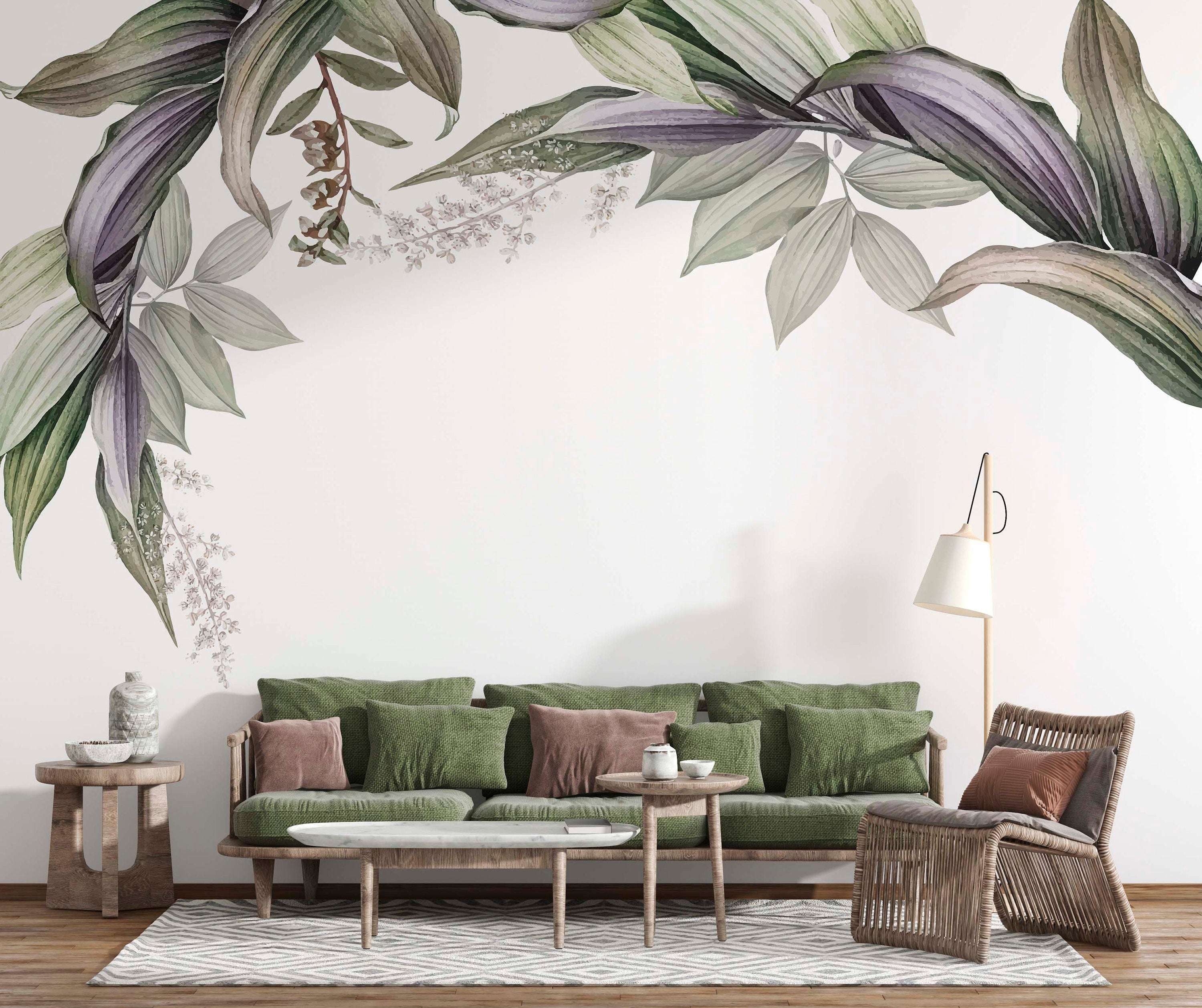Green Tulsi Banana Leaf Botanical Wallpaper Mural for home decor, featuring lush green banana leaf pattern in a vibrant botanical design.