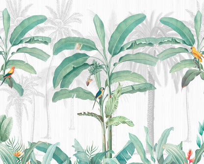 Green Tulsi tropical jungle wallpaper mural featuring lush green leaves and vibrant jungle scenery for home decor.