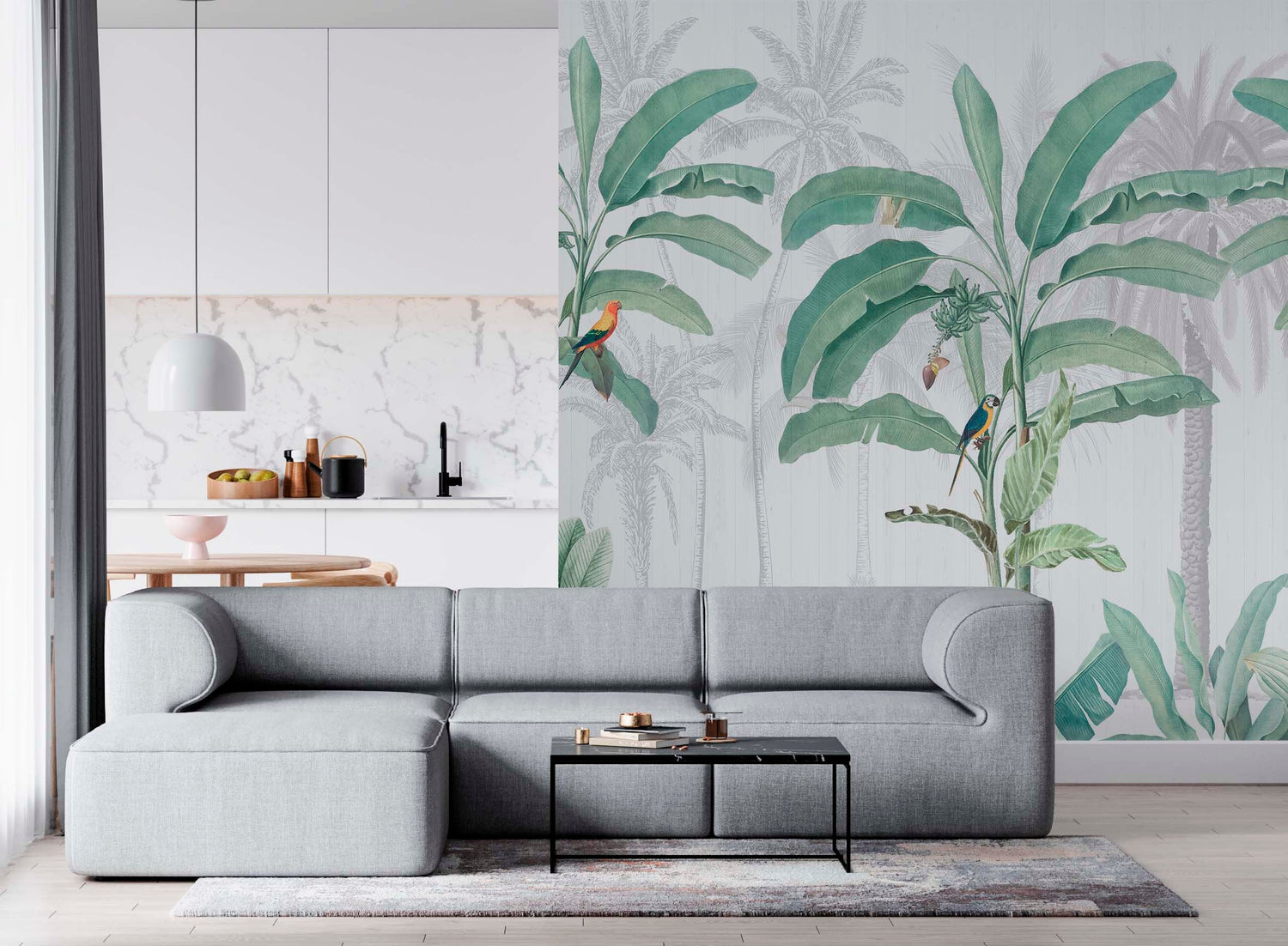 Green Tropical Jungle Wallpaper Mural by Green Tulsi featuring lush green leaves and vibrant jungle scenery for home decor.