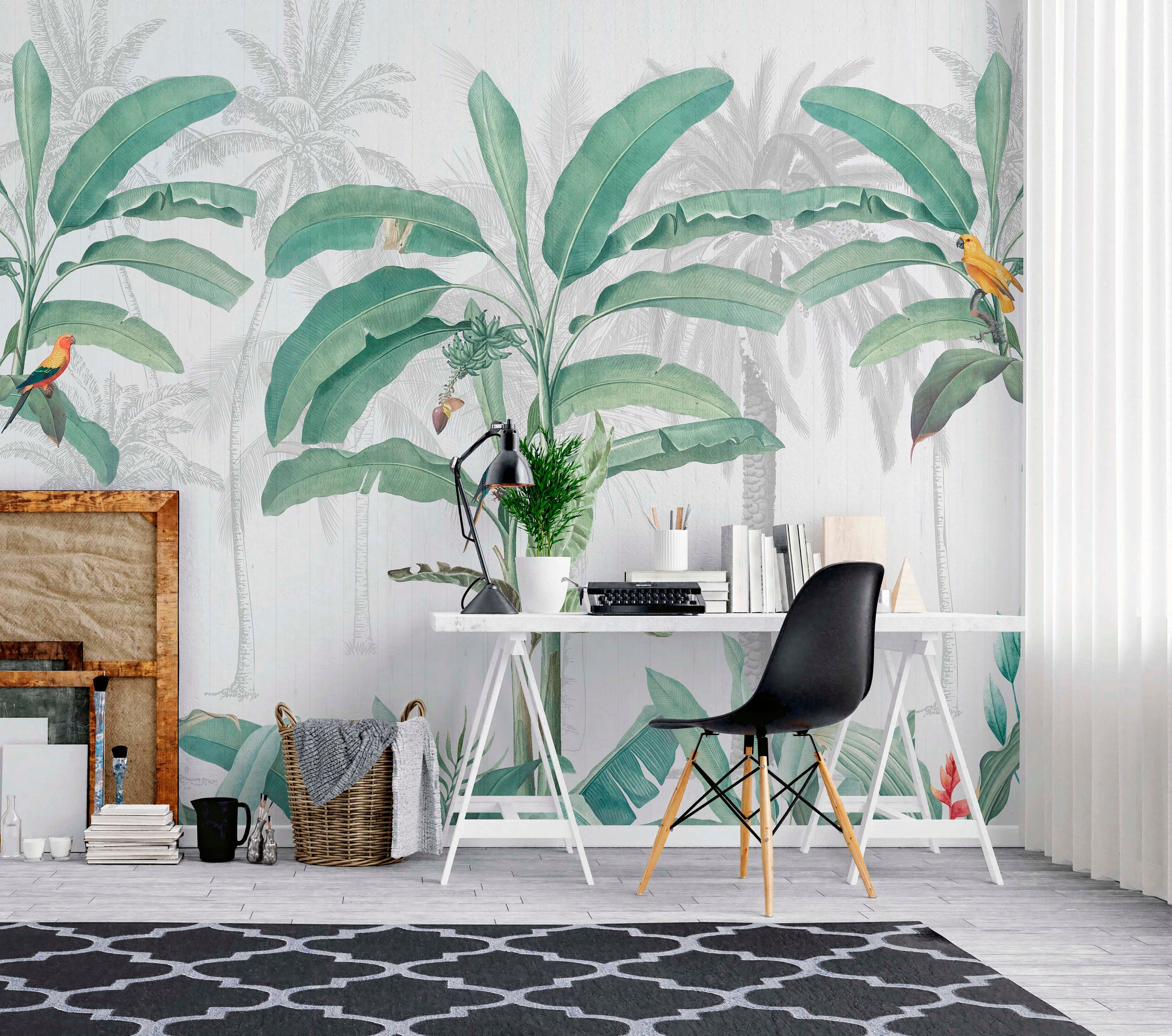 Green Tulsi tropical jungle wallpaper mural featuring lush green leaves and vibrant jungle scenery for home decor.