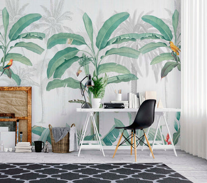 Green Tulsi tropical jungle wallpaper mural featuring lush green leaves and vibrant jungle scenery for home decor.